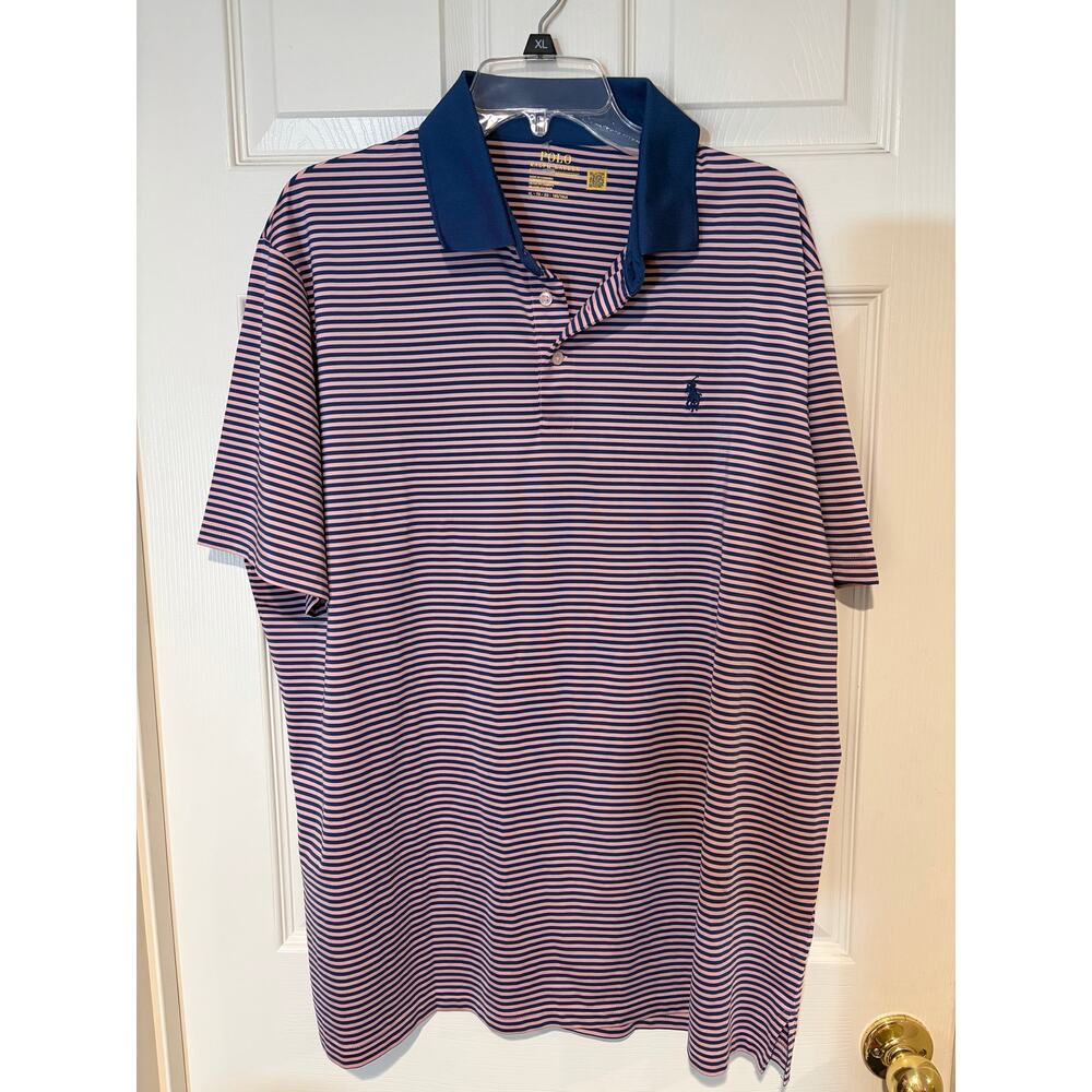 Polo Ralph Lauren Men’s XL Pink Navy Striped Performance Polo Shirt Golf Stretch